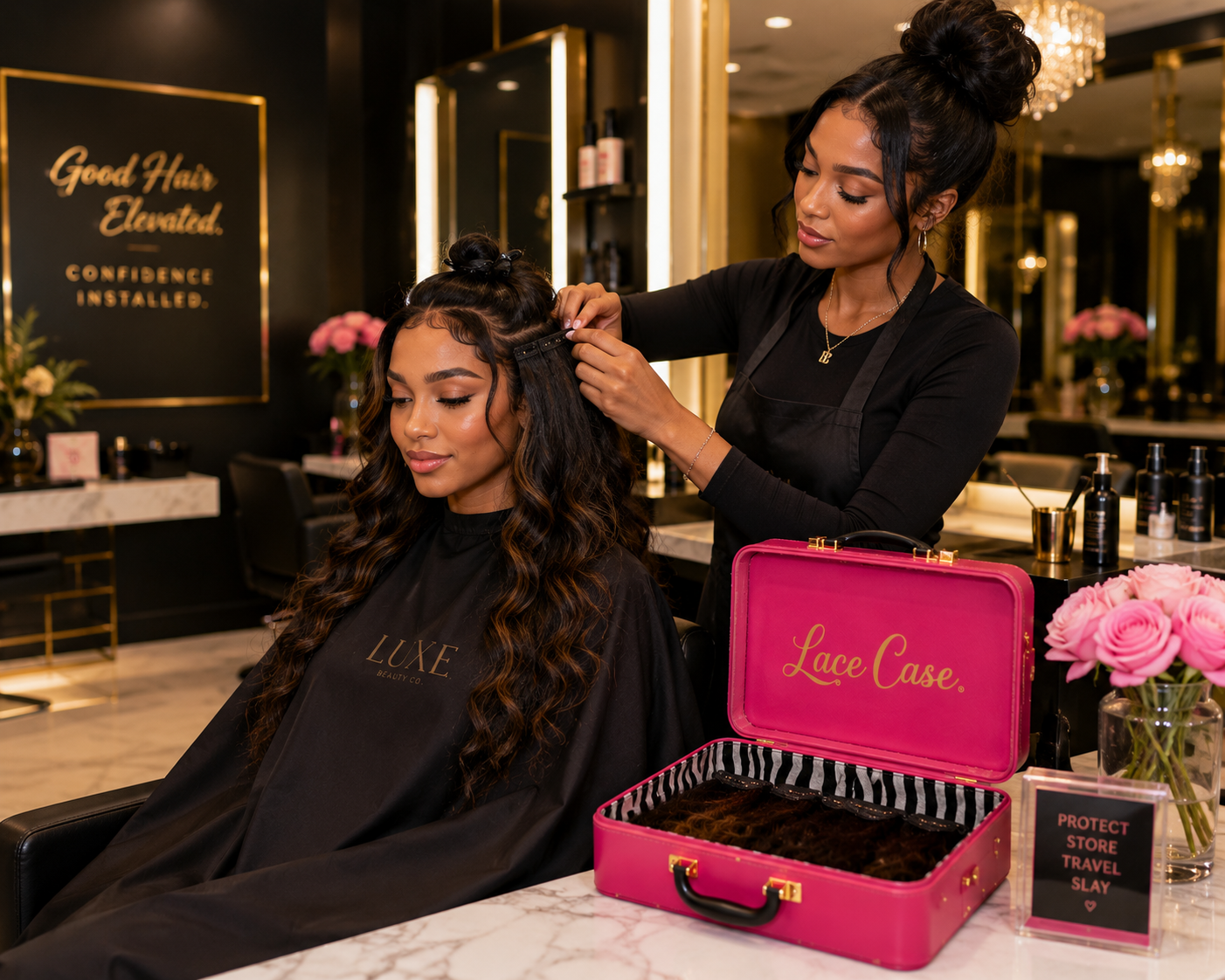 Salon stylist organizing wig extensions in a pink Lace Case