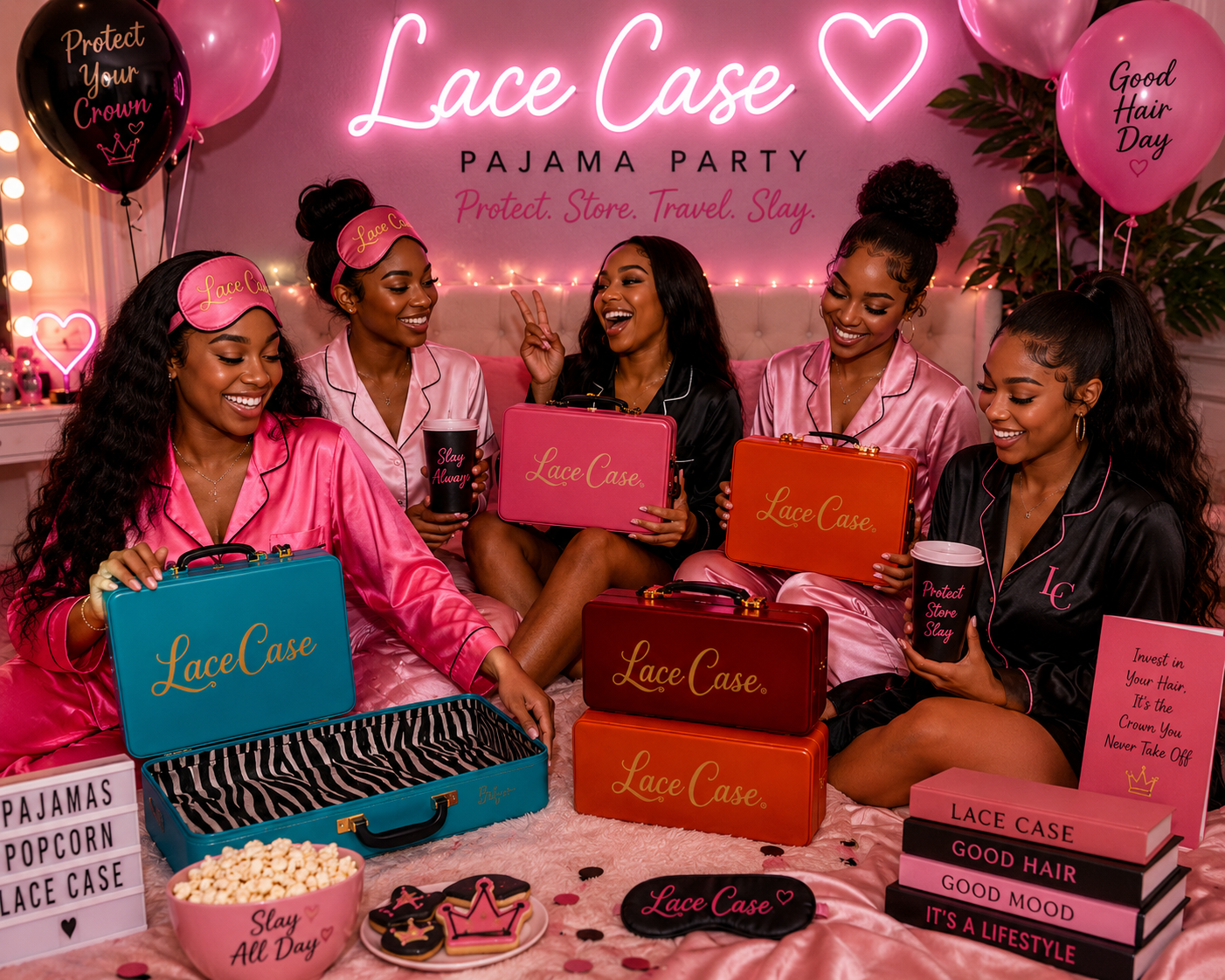 Friends in pajamas protecting their wigs with Lace Case before bed