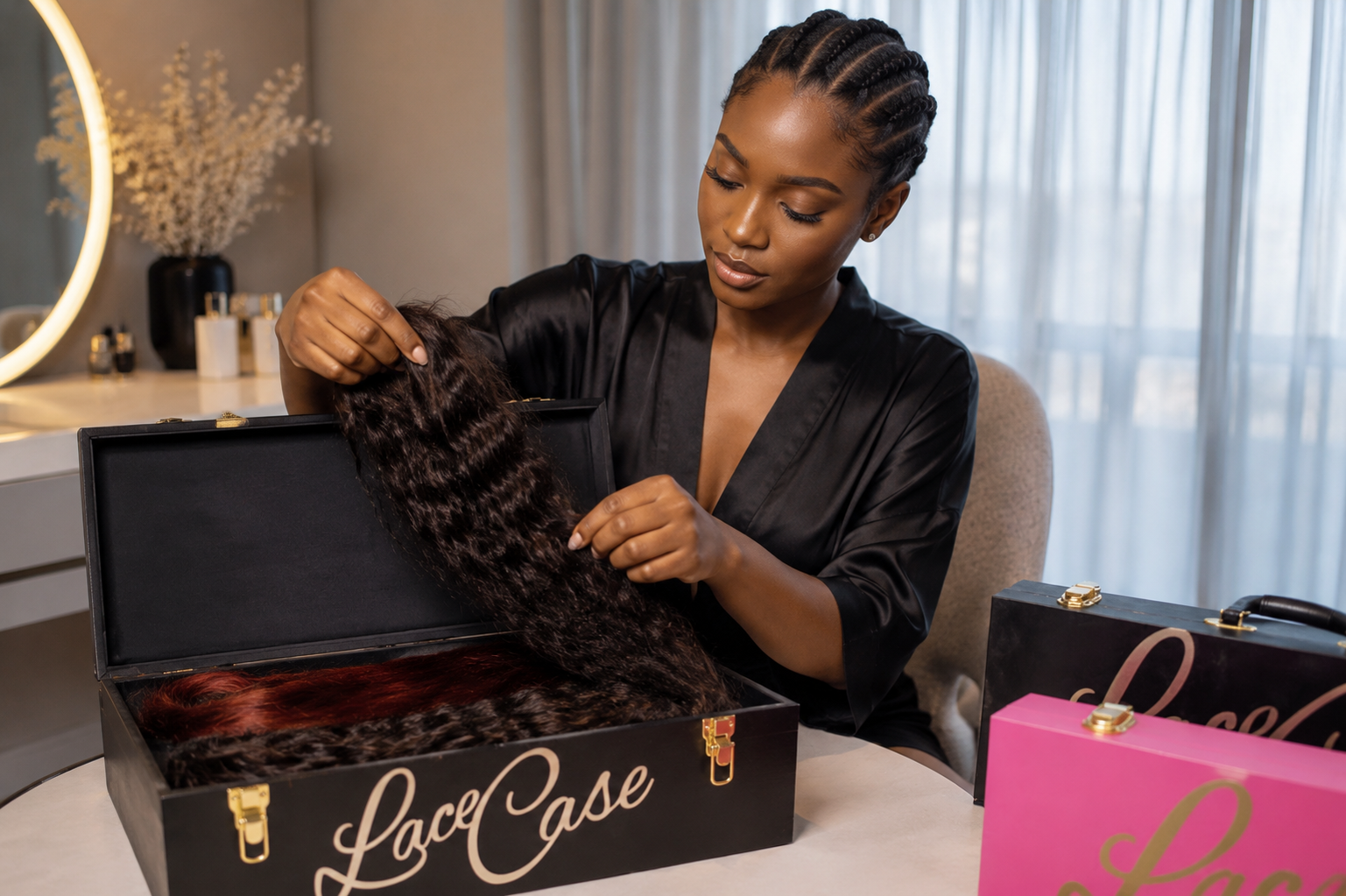 Founder Marshette carefully placing a custom wig unit into a Lace Case