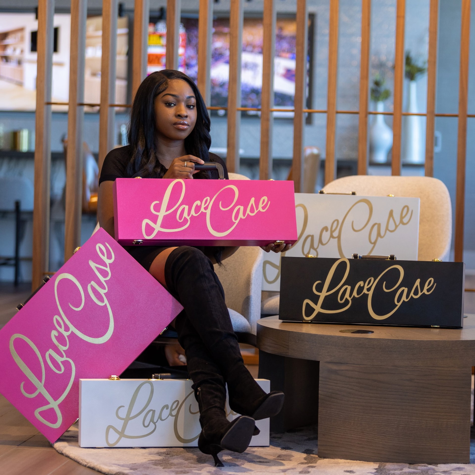 Lace Case product family — pink, white, and black luxury wig cases