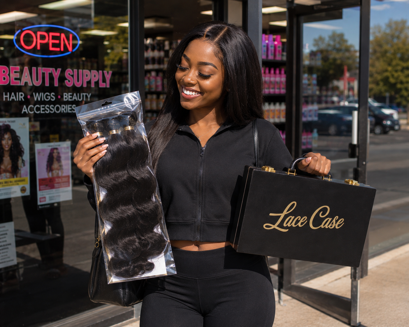 Smiling client holding a Lace Case and hair bundles outside a beauty supply store